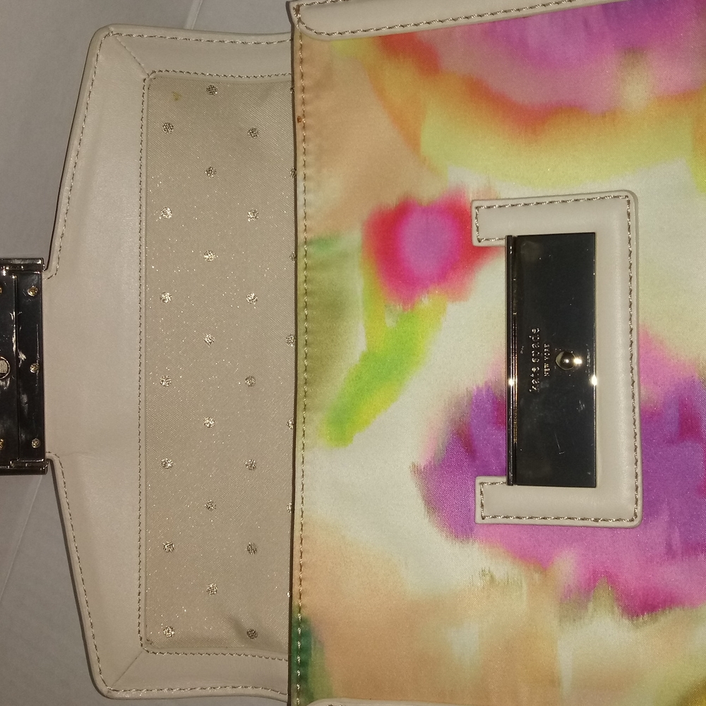 KATE SPADE MULTI COLOR SATIN CLUTCH WITH LEATHER TRIM - Picture 8 of 13